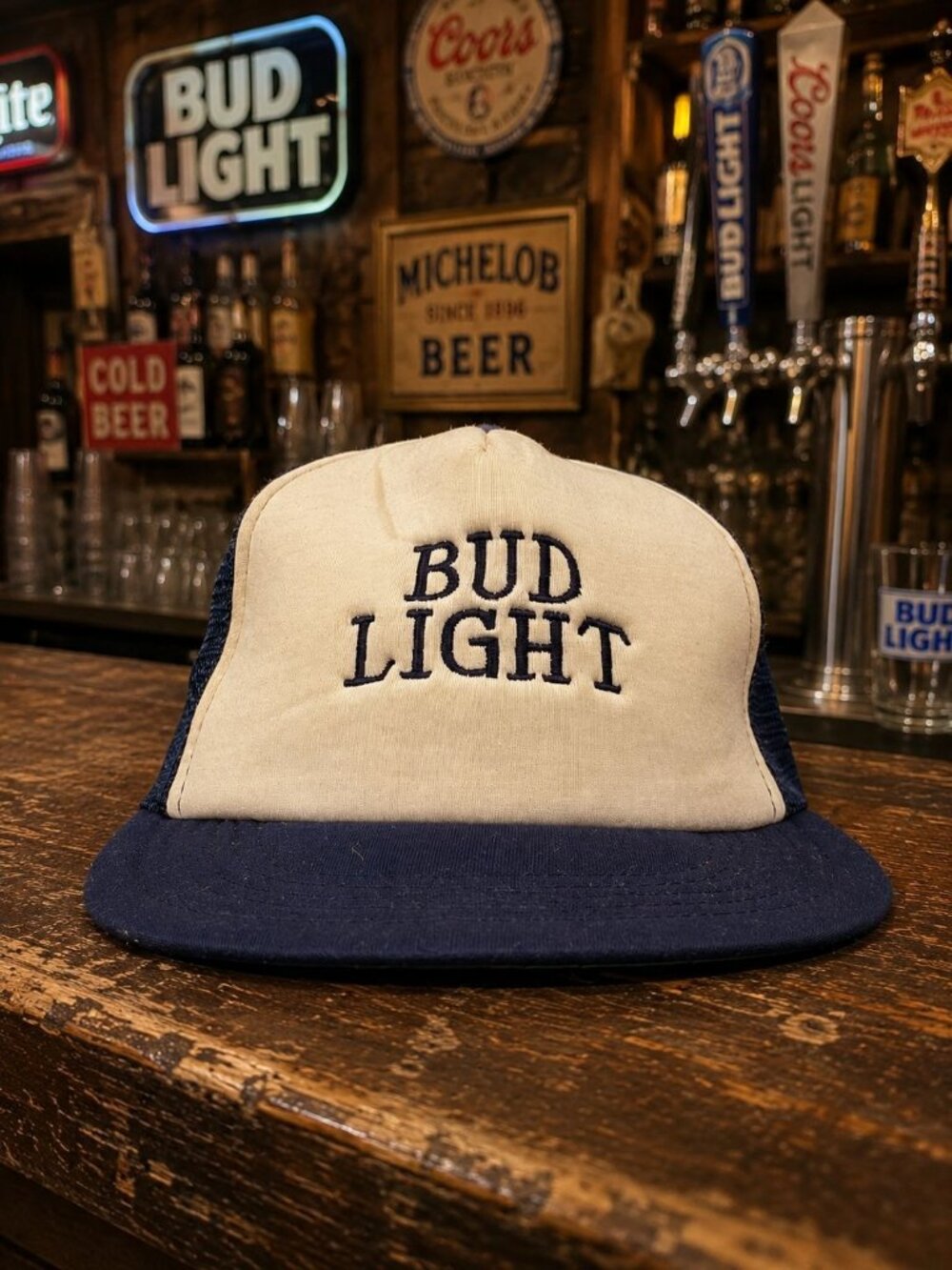 Bud Light Unisex Mesh Trucker Hat Navy/Beige Cotton Blend One Size Snapback